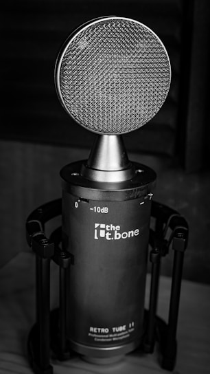 A close-up of a microphone with a retro design placed on a stand. The microphone features a large round mesh grille and a cylindrical body with branding and decibel markings visible on the surface.
