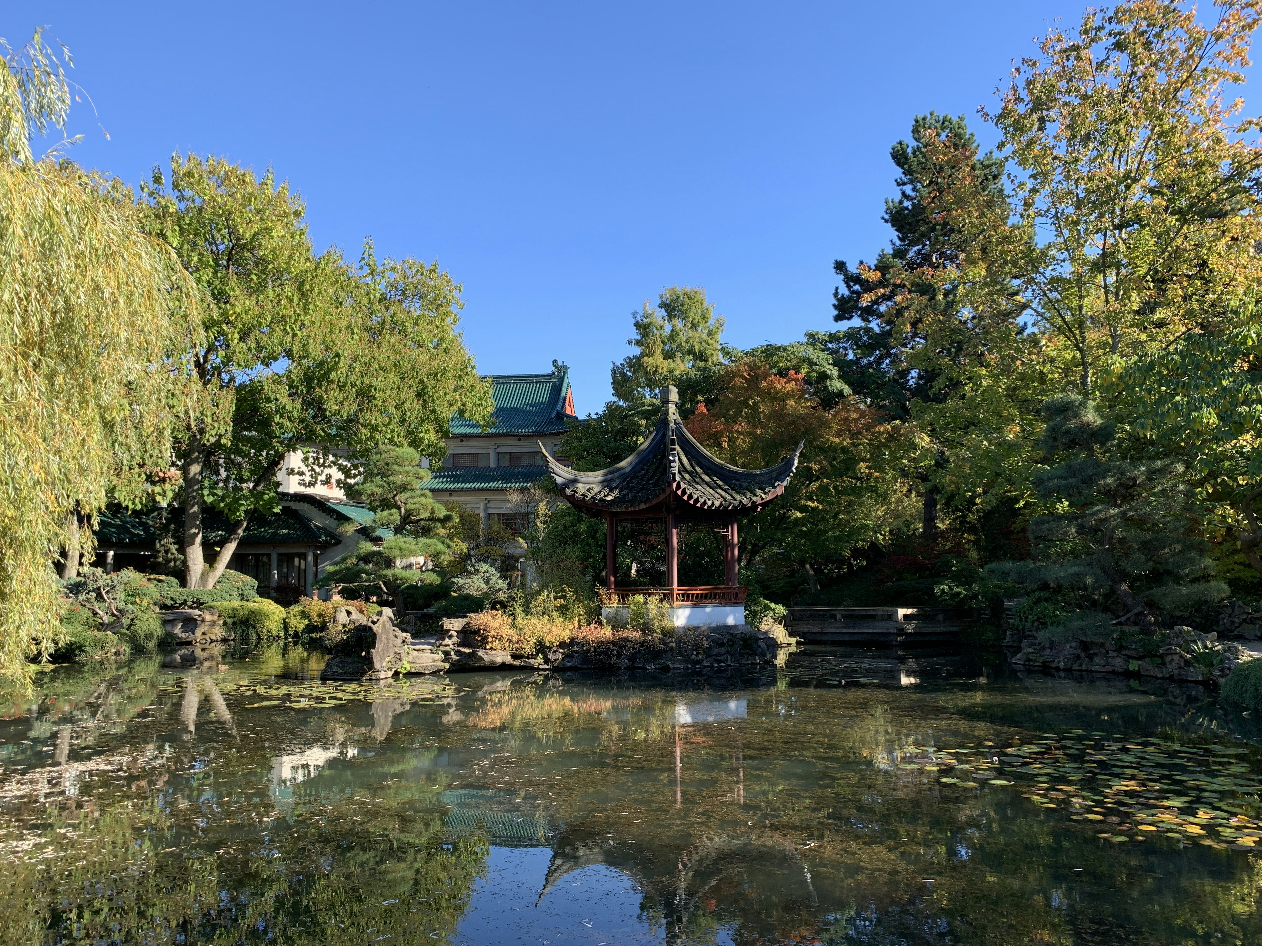 un estanque con una pagoda en el centro