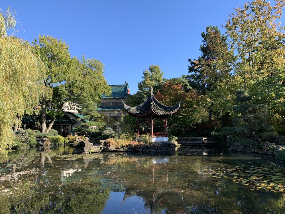 a pond with a pagoda in the middle of it