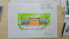 Architectural blueprints and sketches on a designer's table.