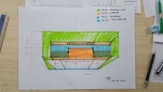 An architectural sketch appears on a desk, featuring a colored floorplan with measurements. Various tools and drawing supplies, including pens, a ruler, and an eraser, surround the plan. The drawing includes notes and uses vivid colors to highlight different sections.