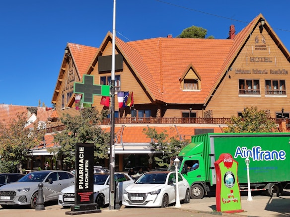 A rustic wooden building with a steep, orange-tiled roof stands prominently, housing a pharmacy and a hotel. Several flags hang from a pole near the building. In the foreground, parked cars line the street in front of a large green truck. The pharmacy is indicated by a green cross sign, and there are trees with green foliage scattered throughout the scene.