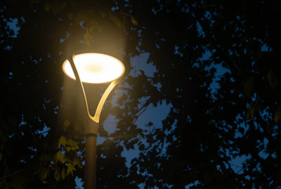 A solar-powered LED lawn light glowing warmly in a garden at dusk.