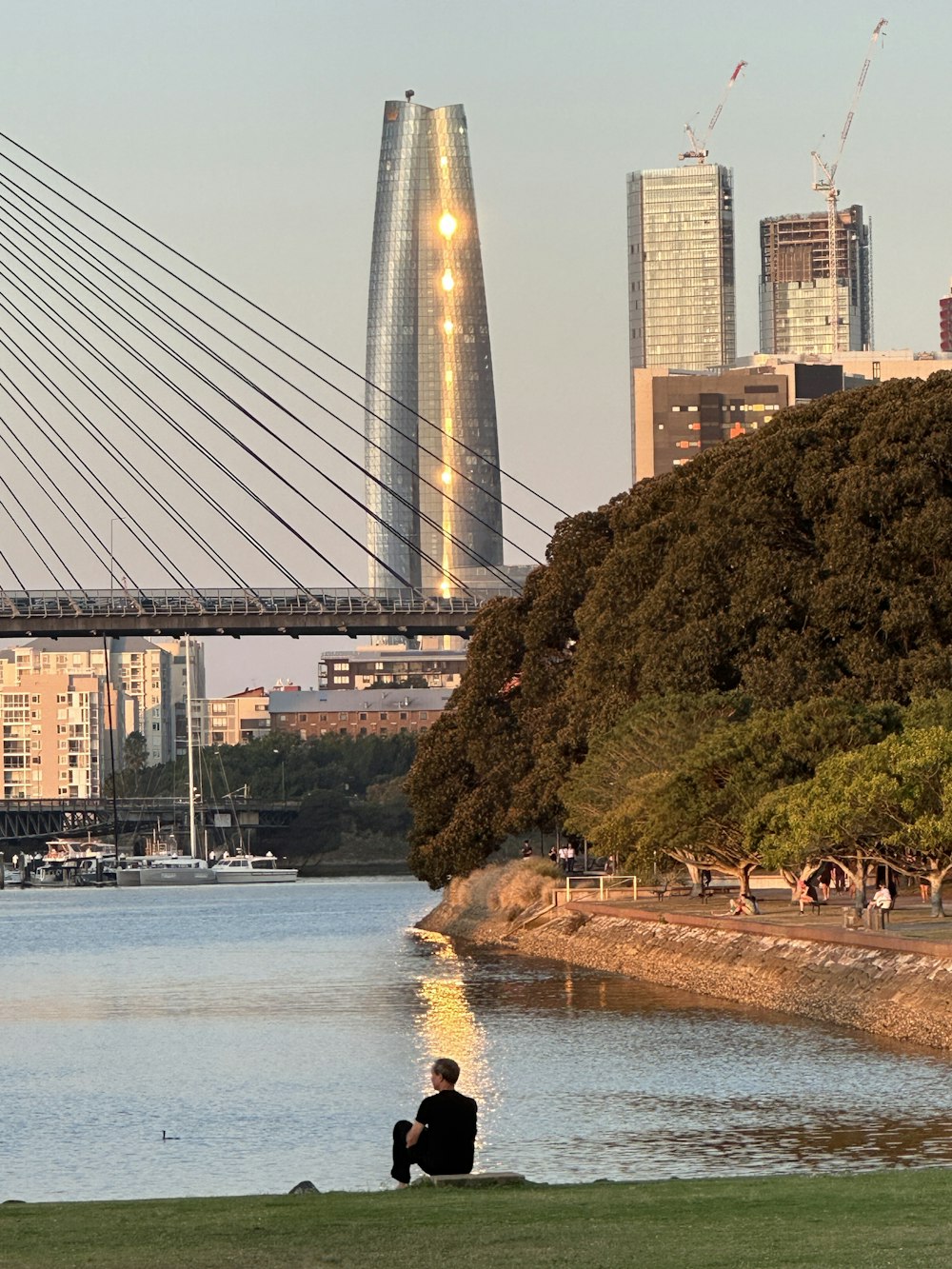 a man sitting on the bank of a river with a bridge in the background