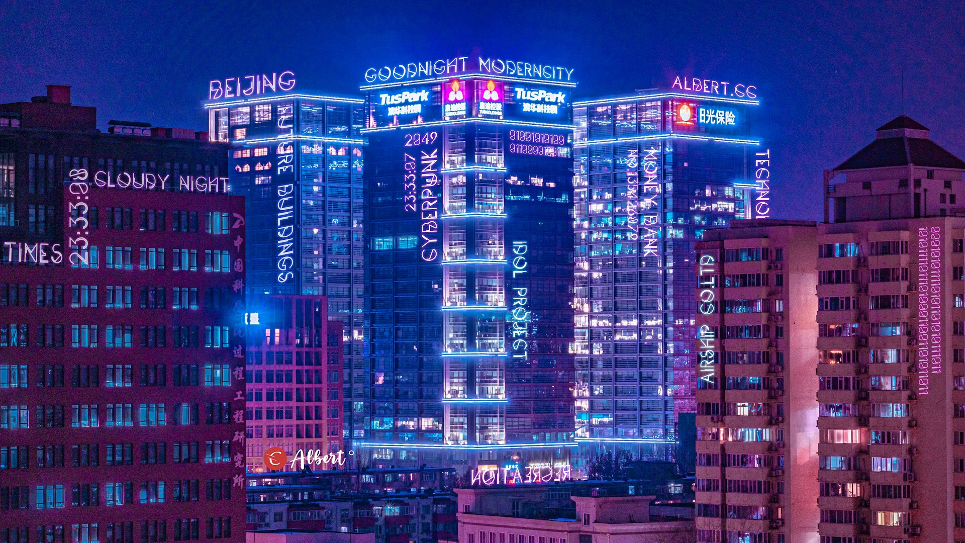 A vibrant cyberpunk cityscape at night, illuminated by neon lights and futuristic architecture.