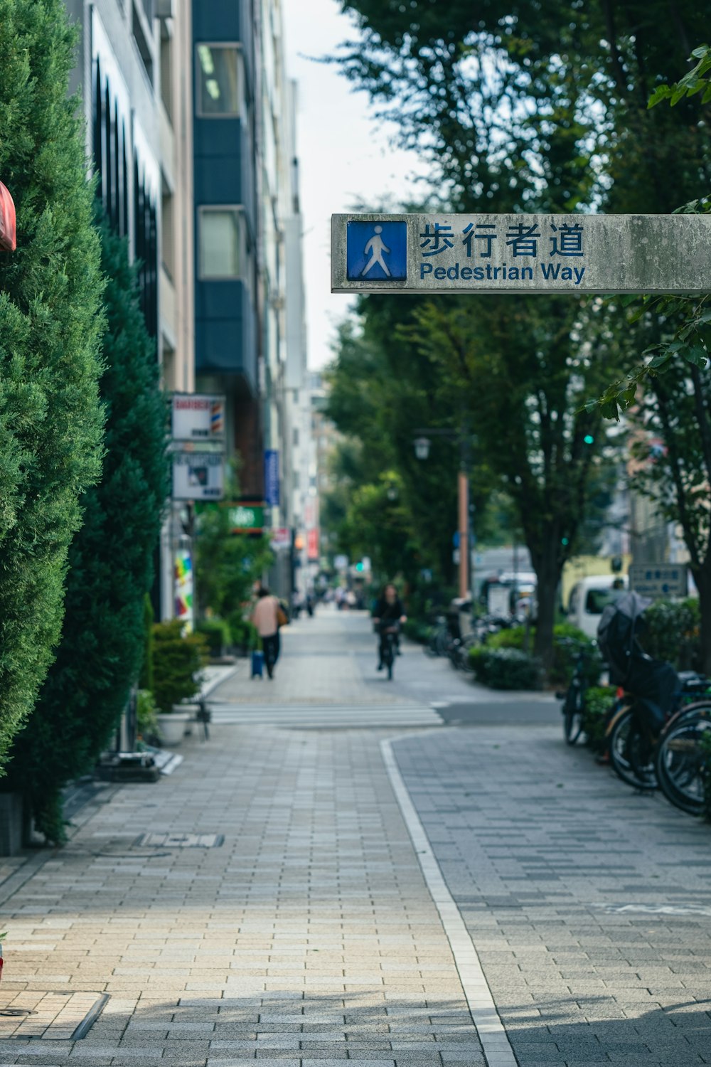 a street sign on a sidewalk in a city