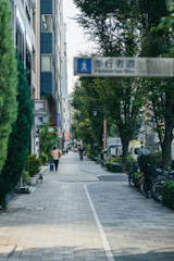 A clean, modern urban street with pedestrian paths and integrated green spaces.