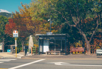 Bus stop sign in a quaint village along the Rousseau trail.