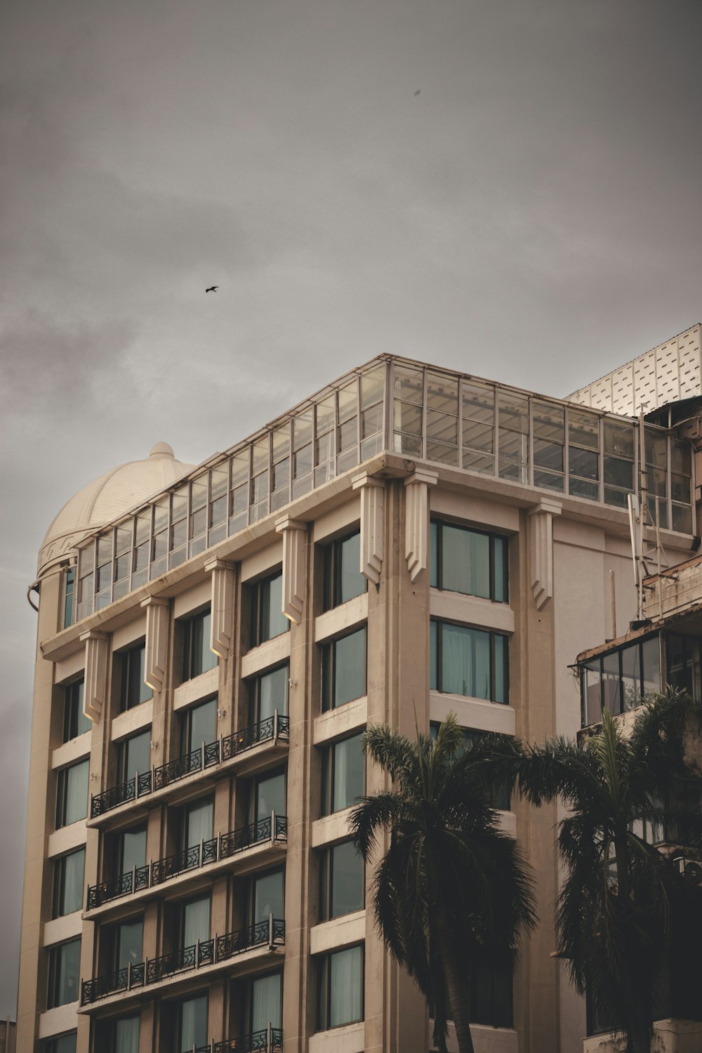 a tall building with palm trees in front of it