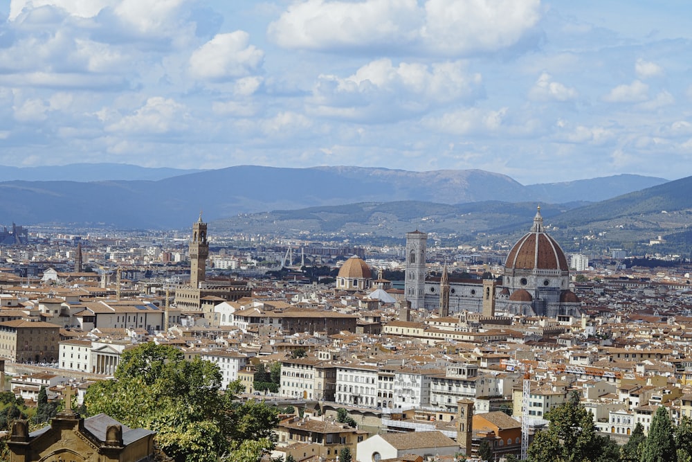 a view of a city with mountains in the background