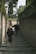 A group of people walking up a narrow stone pathway bordered by tall stone walls. The path is shaded by trees, and the atmosphere feels secluded and quiet. The pathway is lined with some greenery and an old-fashioned street lamp is visible. The scene suggests an uphill journey.