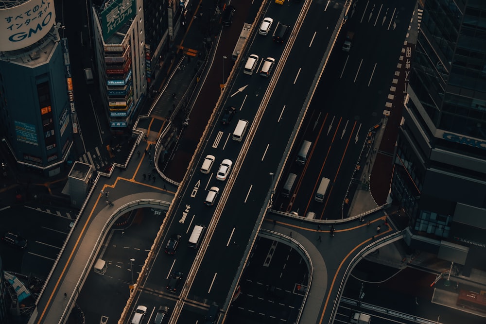 an aerial view of a busy city street at night