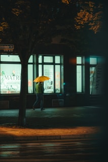 A person holding a bright yellow umbrella walks past a shop with illuminated windows during the night. The ground is wet, suggesting recent rain. A tree partially obscures the shop, and the scene is illuminated by streetlights casting a warm glow.
