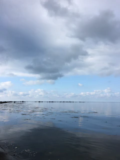 Horizontal view of a calm sea with distant waves blending into a cloudy sky.