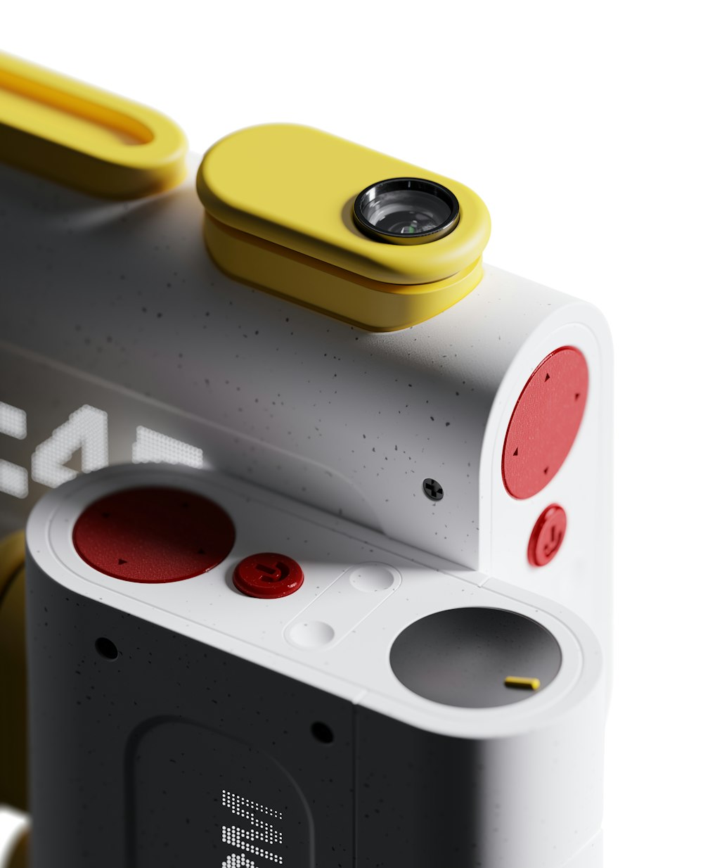 Eine Nahaufnahme einer Kamera mit einem gelben Objektiv