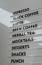 A menu board displaying various beverage and food options, including espresso, black coffee, latte, brew coffee, herbal tea, mocktails, desserts, snacks, and punch. The text is in black capital letters on white horizontal panels attached to a wall.