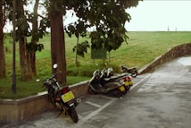 A group of mopeds and motorcycles parked on a paved area next to a green lawn and trees. The area is surrounded by a stone wall and there is a signpost nearby. The bikes have yellow license plates and are parked in a designated parking zone.