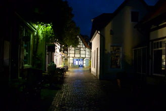 A quiet cobblestone alley lined with charming shops and glowing lanterns at dusk.