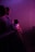 A group of people standing closely against a barricade, engulfed in vivid pink and purple lighting, suggesting a concert or live performance setting. The scene is dimly lit with a hazy atmosphere.