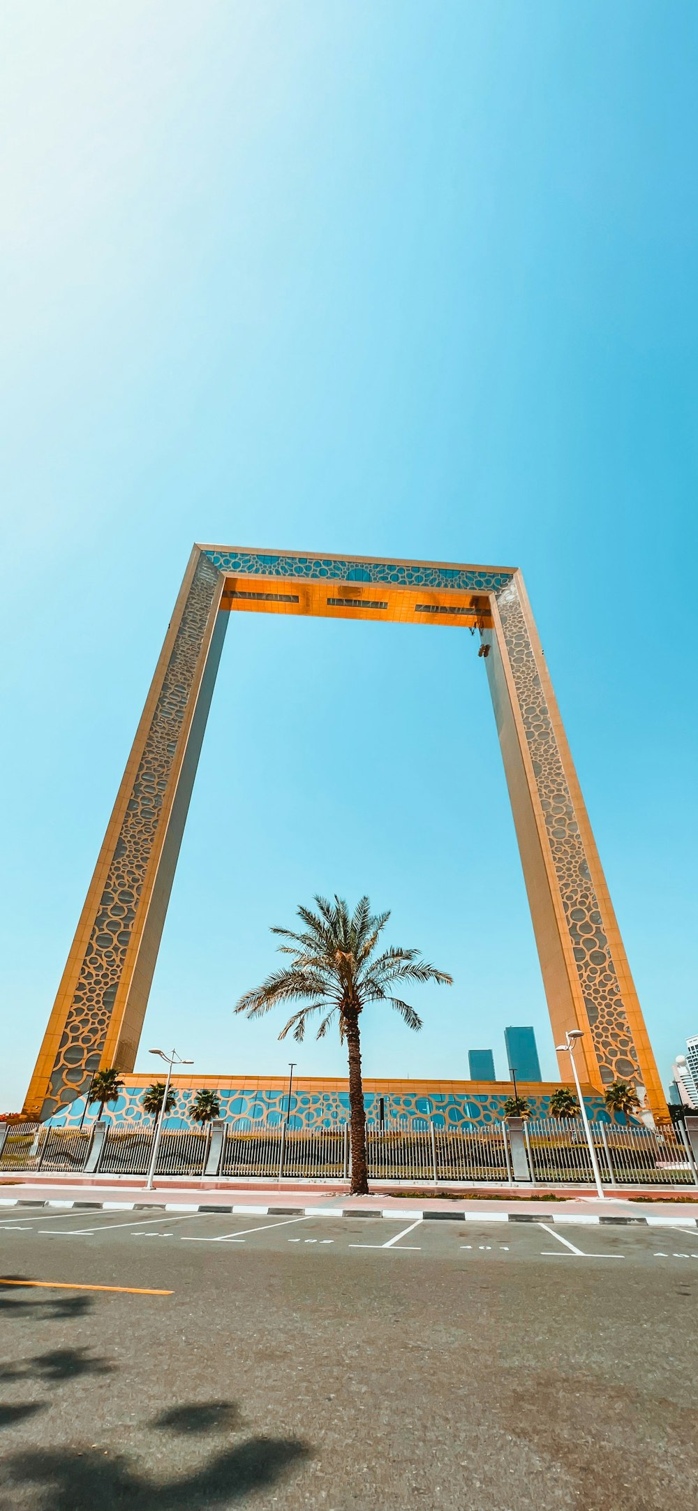 a palm tree in front of a tall arch