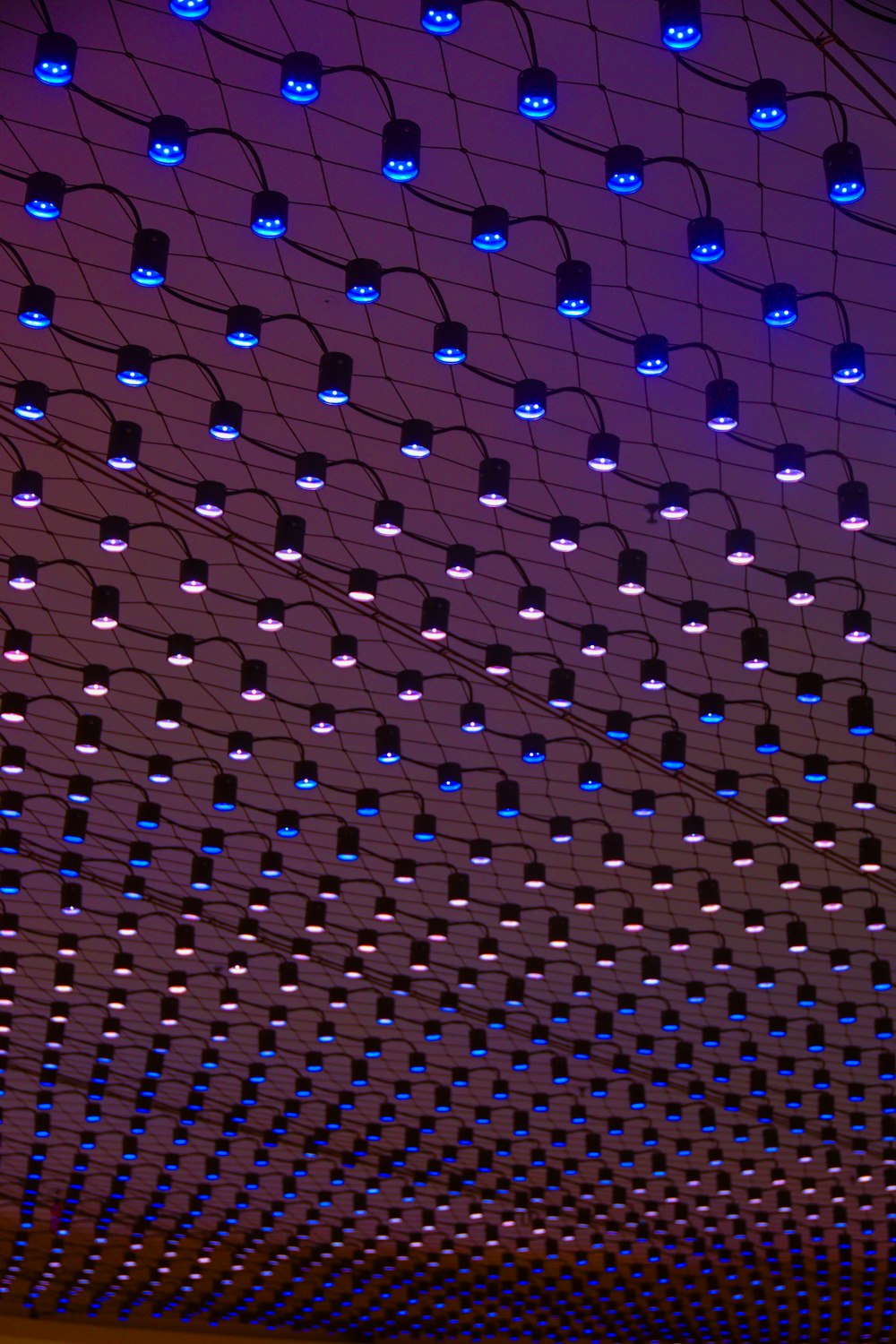 a ceiling with blue lights hanging from it