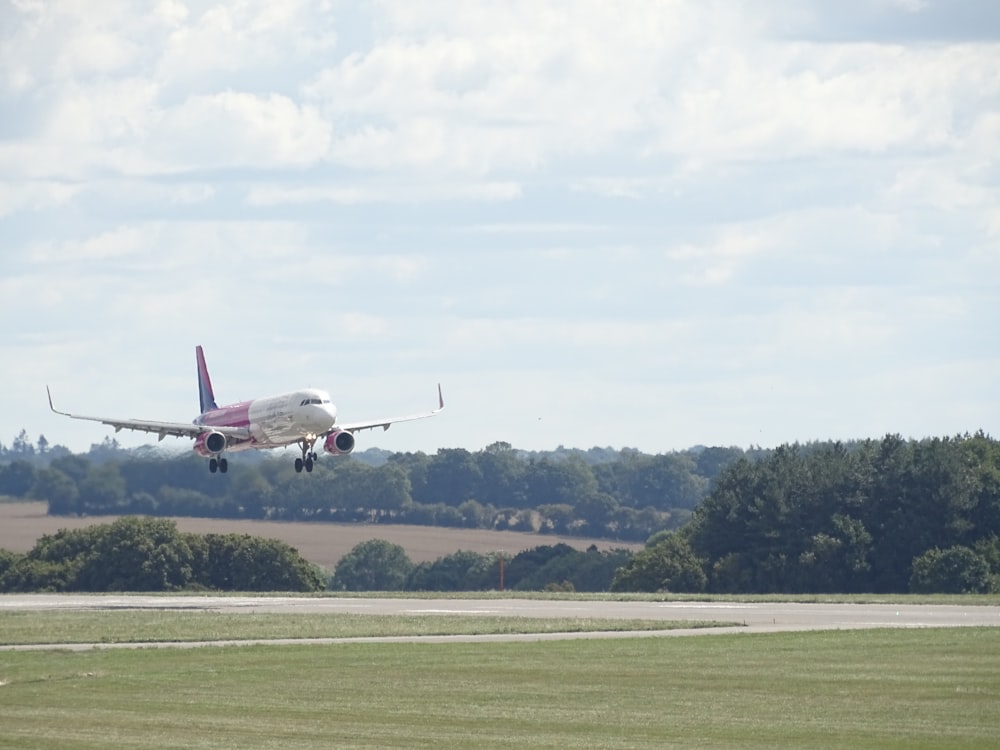 a large passenger jet flying over a lush green field