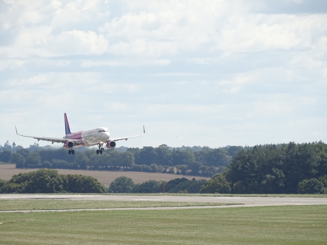 a large passenger jet flying over a lush green field, Wizz Air plane landing at London Luton Airport