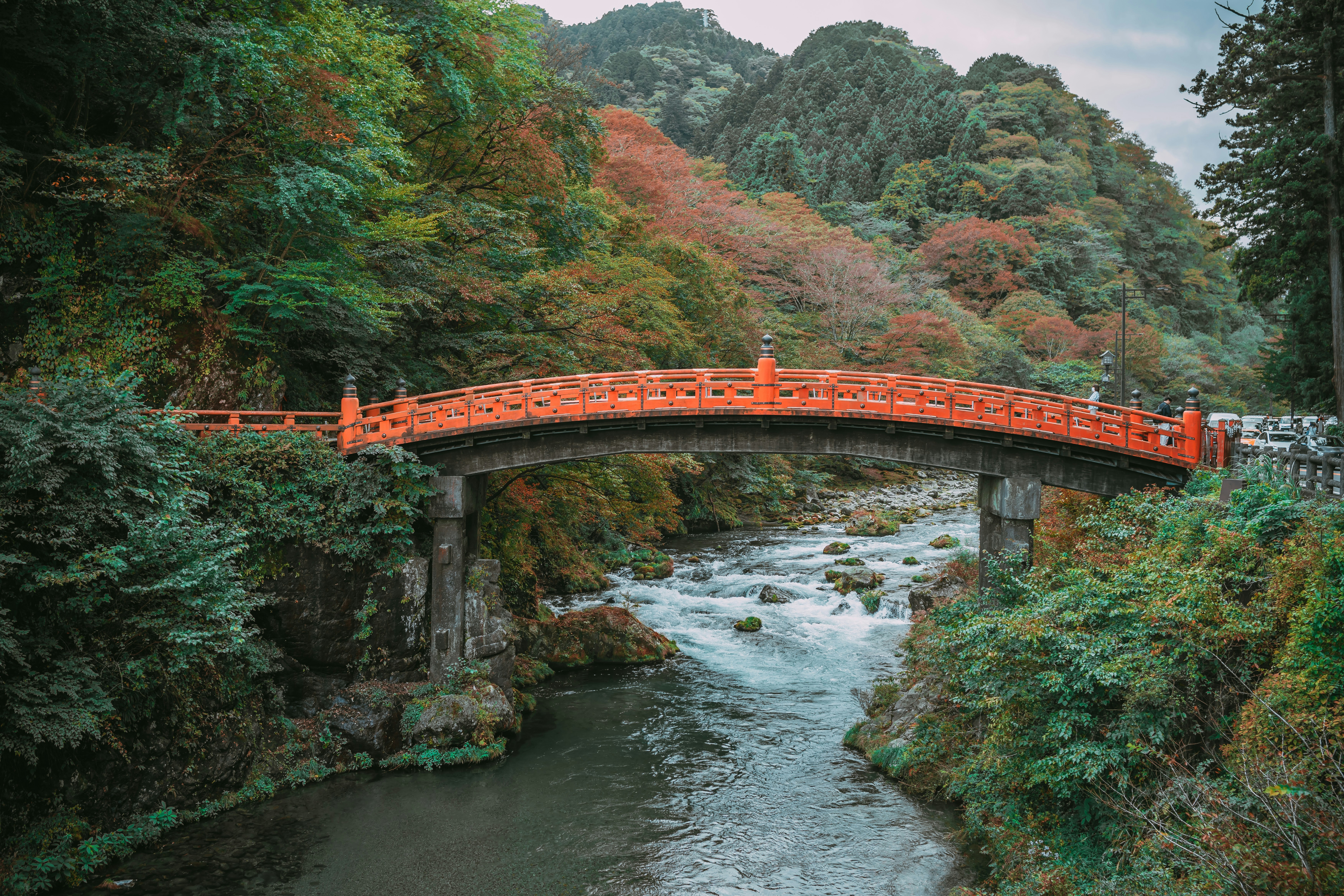 eine rote Brücke über einen Fluss, der von Bäumen umgeben ist