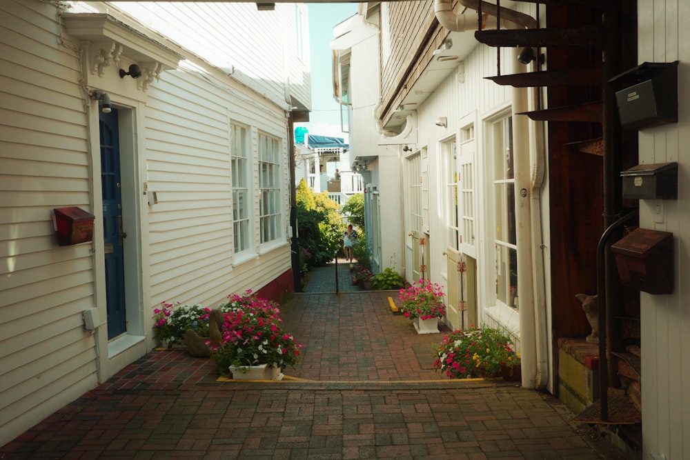 a narrow alley way with flowers on the side
