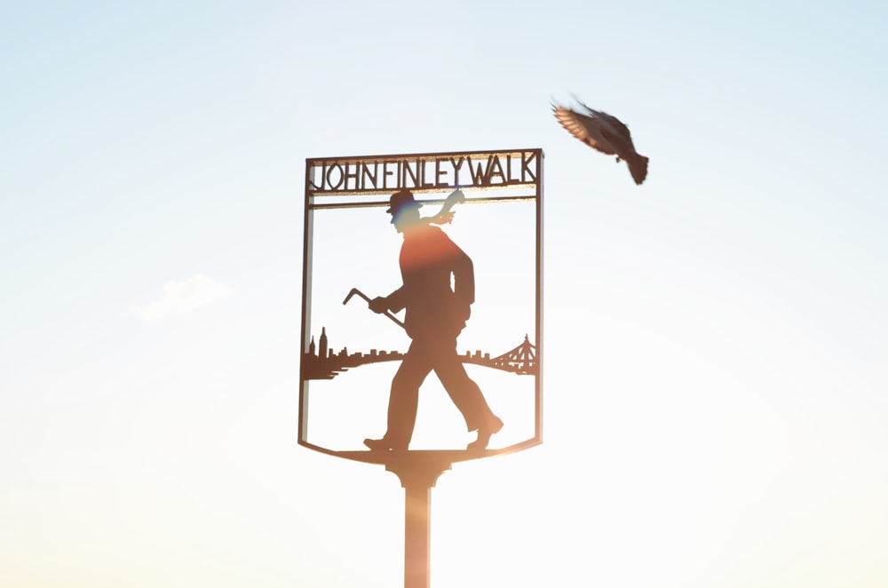 a bird flying over a weather vane with a man holding an umbrella