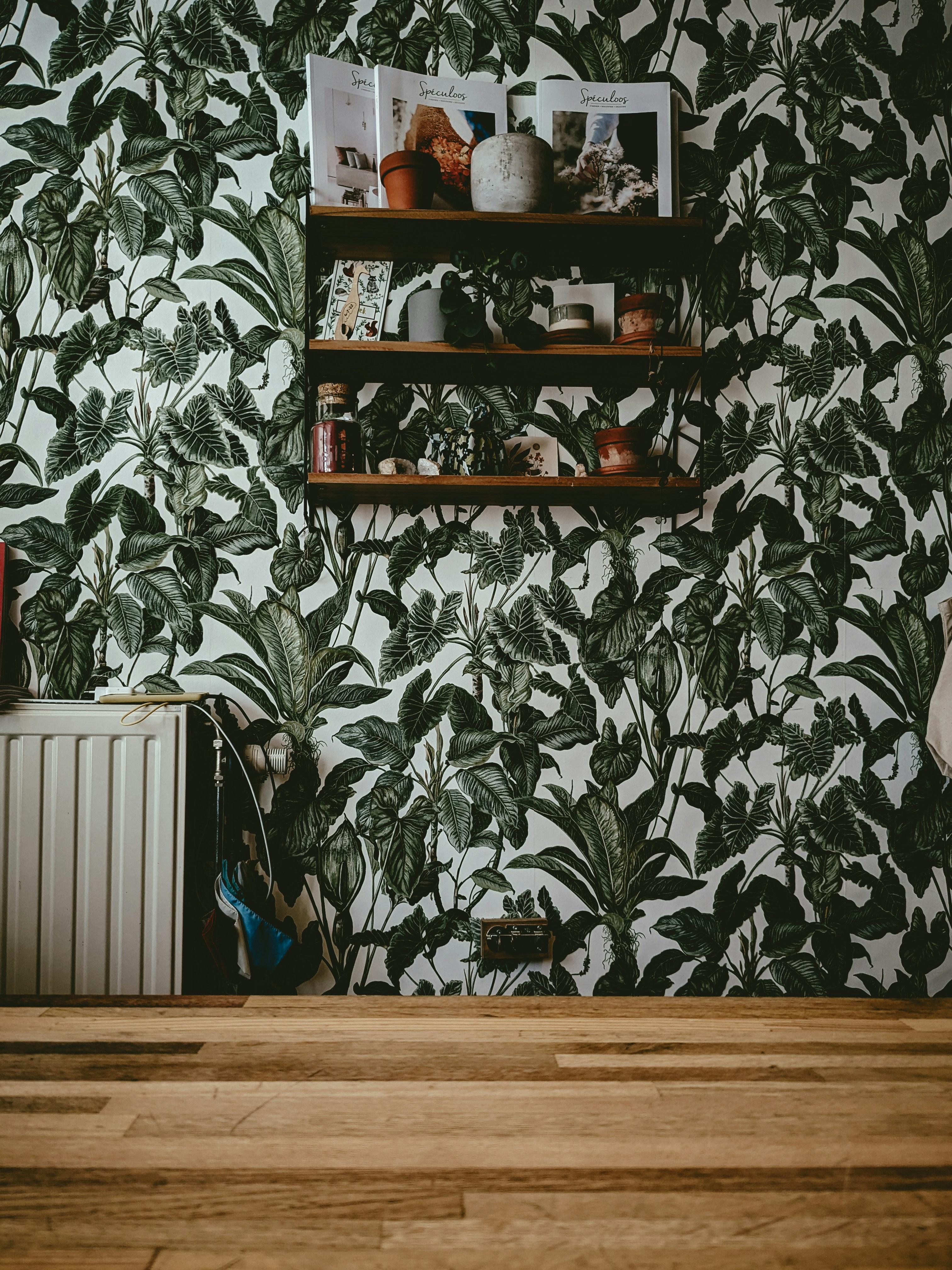 a room with a wooden floor and a wall with plants on it