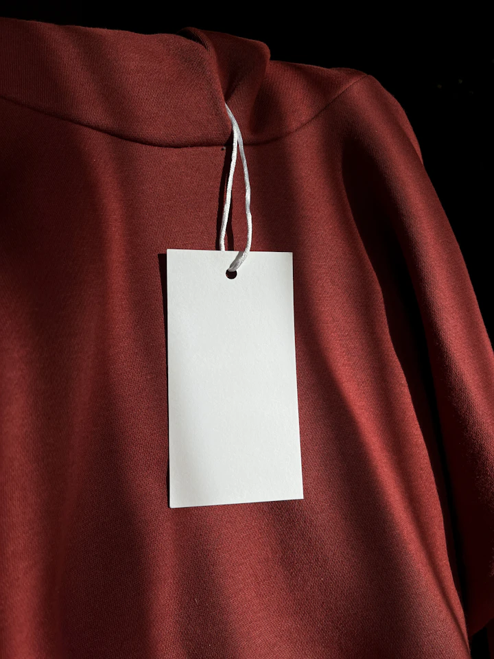 a red sweatshirt with a white tag attached to it