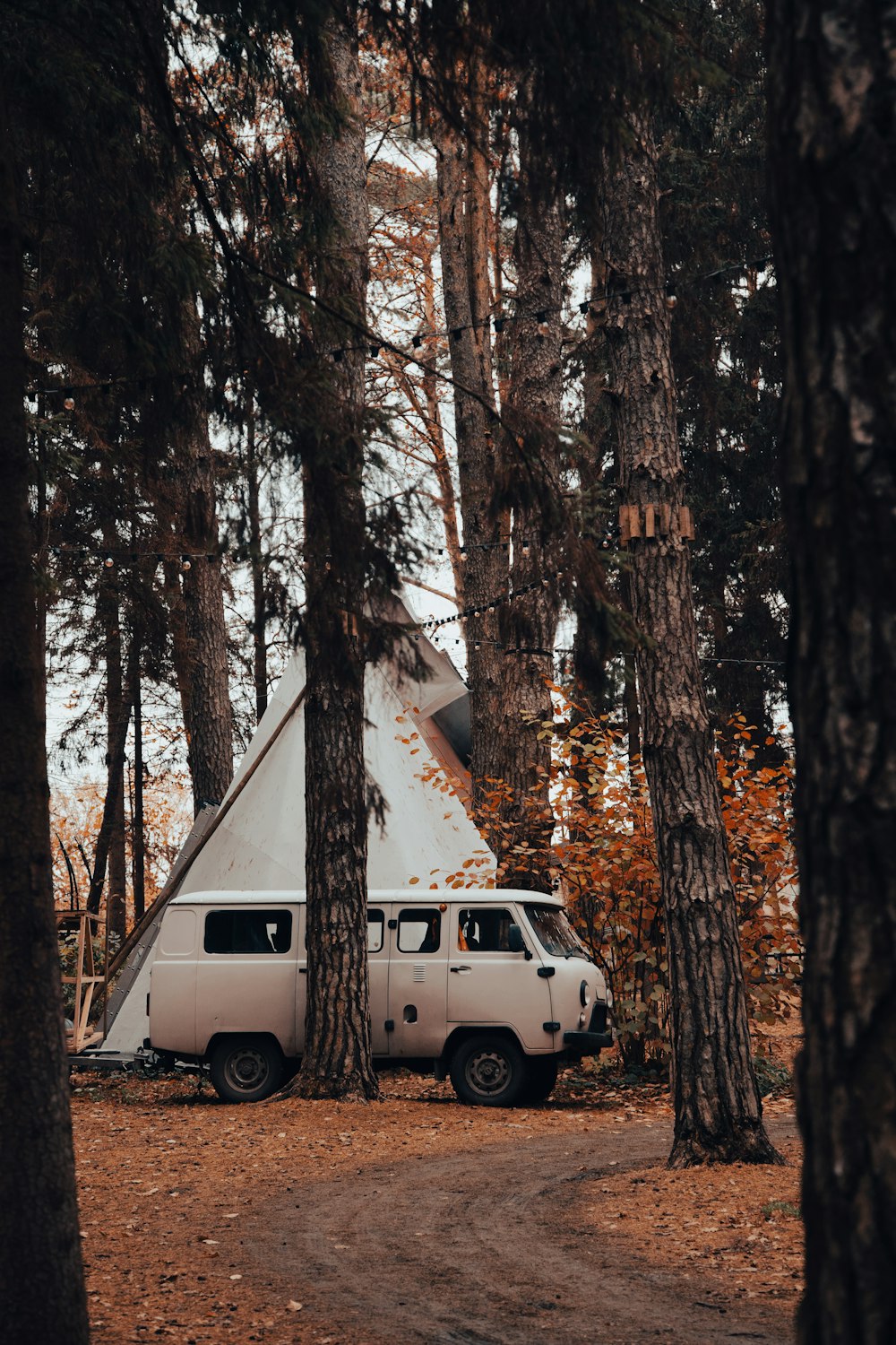 a camper van is parked in the woods