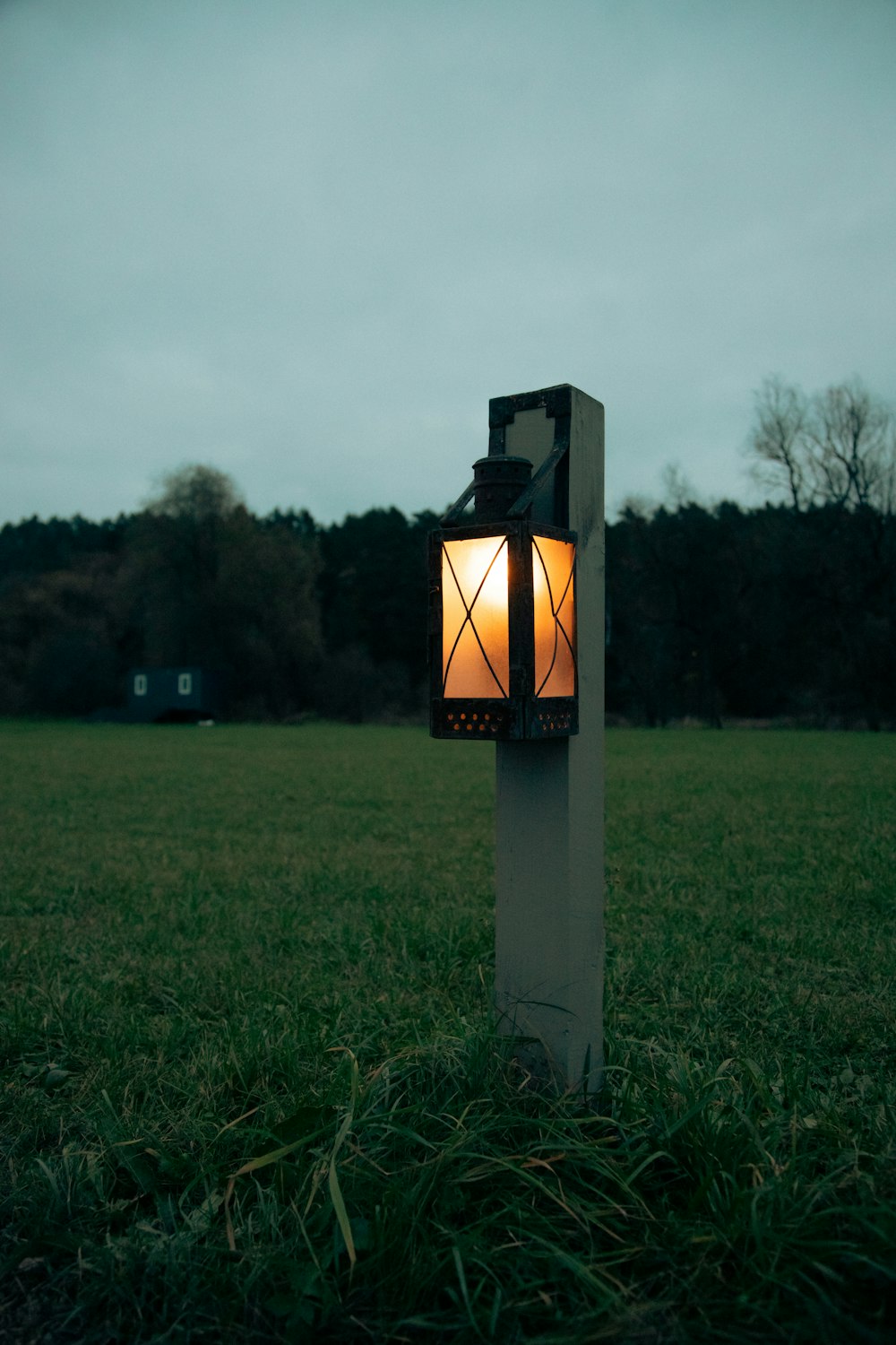 a light that is on a post in the grass