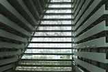The image captures the interior of a large, modern building with multiple floors visible. The walls on either side are lined with balconies and corridors, suggesting a hotel or commercial space. The central area features a complex network of metal or wire structures, creating an intricate pattern. Natural light floods in, illuminating the spacious atrium.