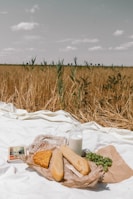 A picnic setup on a white fabric spread across a field, featuring a bottle of milk, a loaf of bread, a slice of pie, and a bunch of grapes. A rustic basket and a book are also present, all placed against a backdrop of tall, dry grass under a partly cloudy sky.
