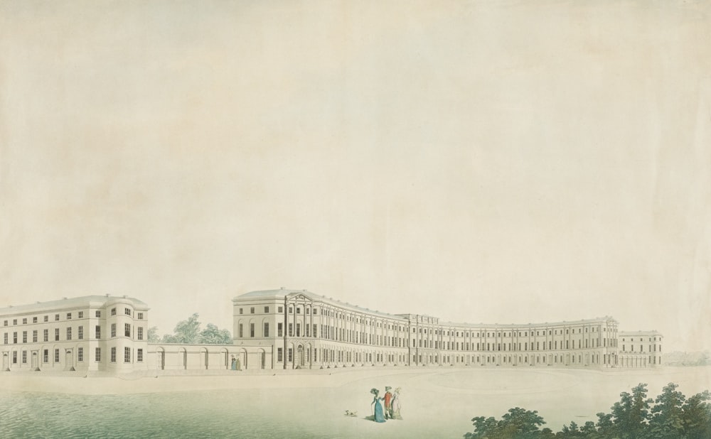 a drawing of a large building with two people standing in front of it