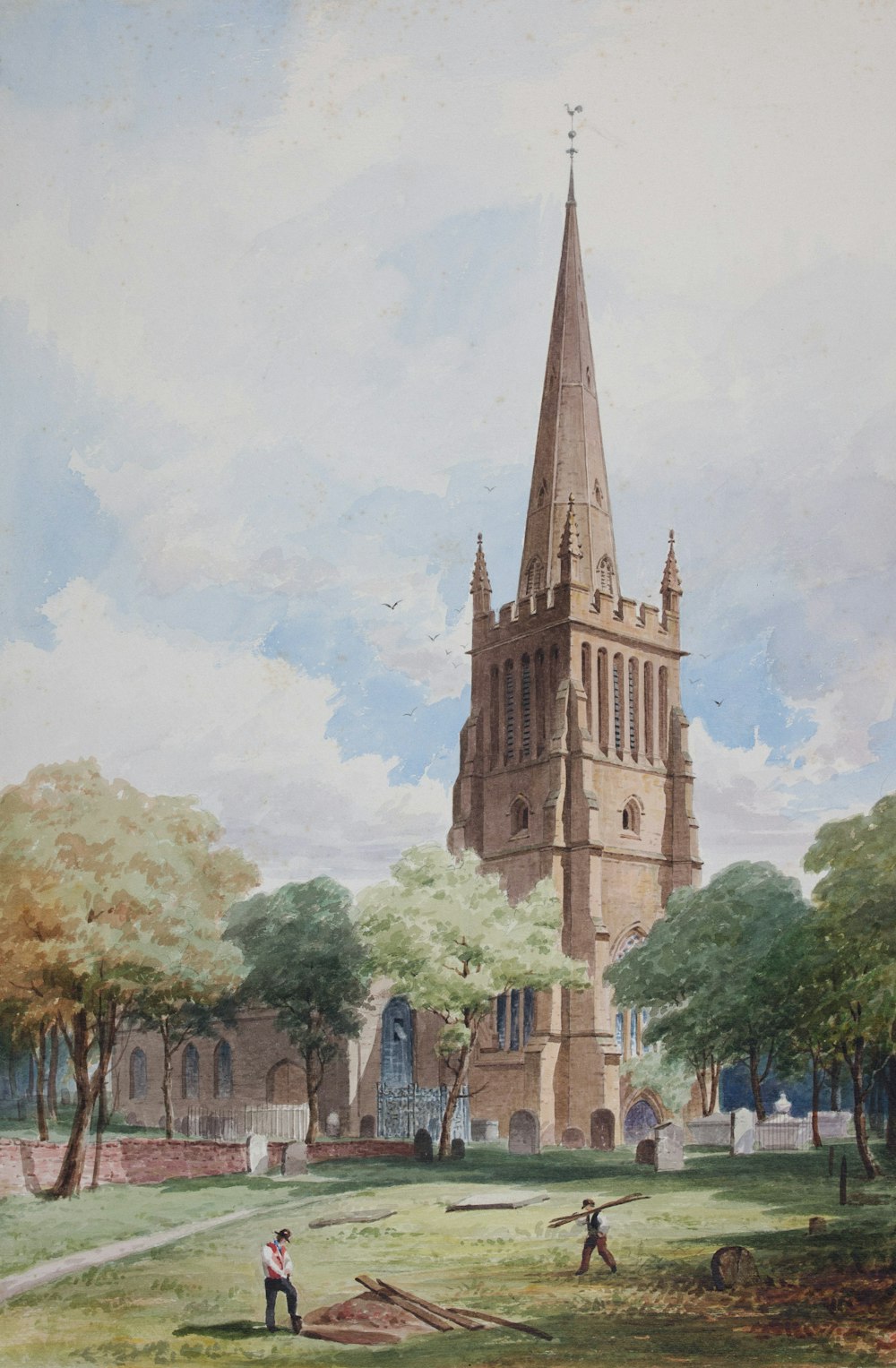 a painting of a church with a man standing in front of it
