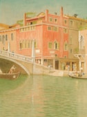 A watercolor painting depicting a canal scene with a vibrant red building featuring arched windows. Two people are visible on gondolas navigating the calm water. The bridge connects to the building, with pedestrians walking along the path.