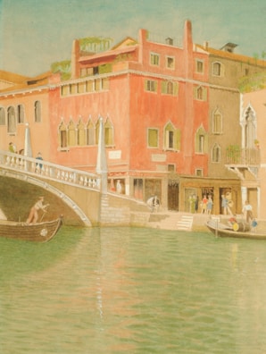 A watercolor painting depicting a canal scene with a vibrant red building featuring arched windows. Two people are visible on gondolas navigating the calm water. The bridge connects to the building, with pedestrians walking along the path.