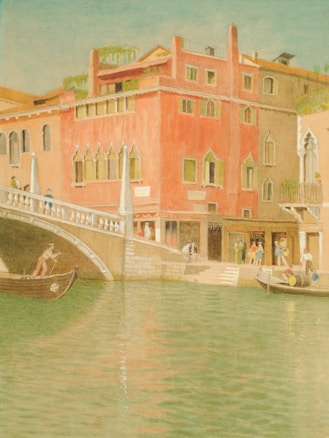 A watercolor painting depicting a canal scene with a vibrant red building featuring arched windows. Two people are visible on gondolas navigating the calm water. The bridge connects to the building, with pedestrians walking along the path.