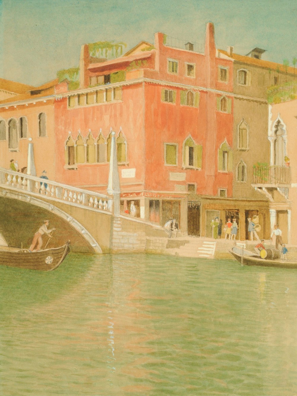 a painting of a city with a bridge over a river