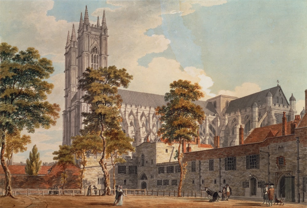 a painting of a large building with a tall tower