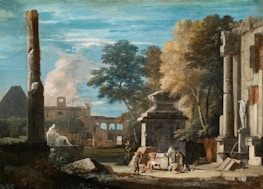 A classical landscape featuring ancient ruins with towering columns, statues, and arches. Several figures are engaged in activities on the ground, possibly archaeological work. Lush greenery surrounds the scene under a blue sky filled with clouds.