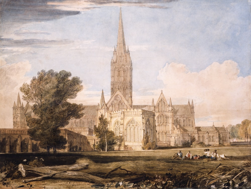 a painting of a large cathedral with people in the foreground