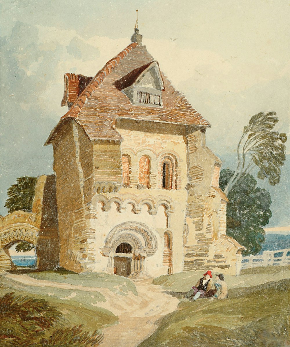 a painting of a building with a person sitting on a bench