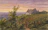A cozy rustic cottage surrounded by rolling hills and golden fields in Alentejo during sunset.