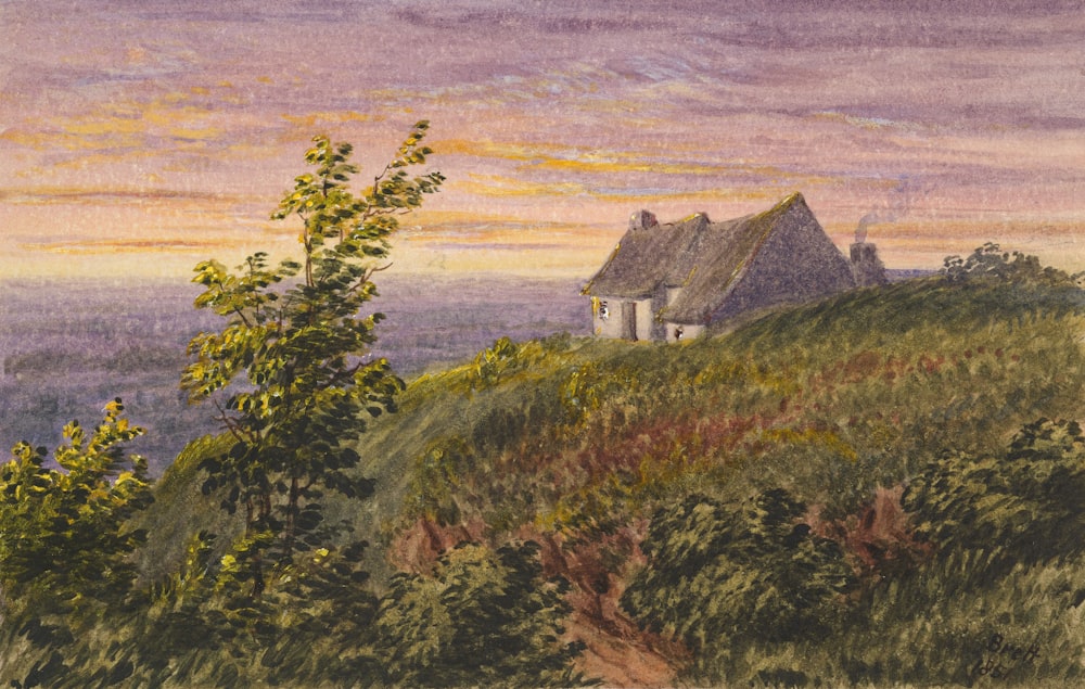 a painting of a house on a hill