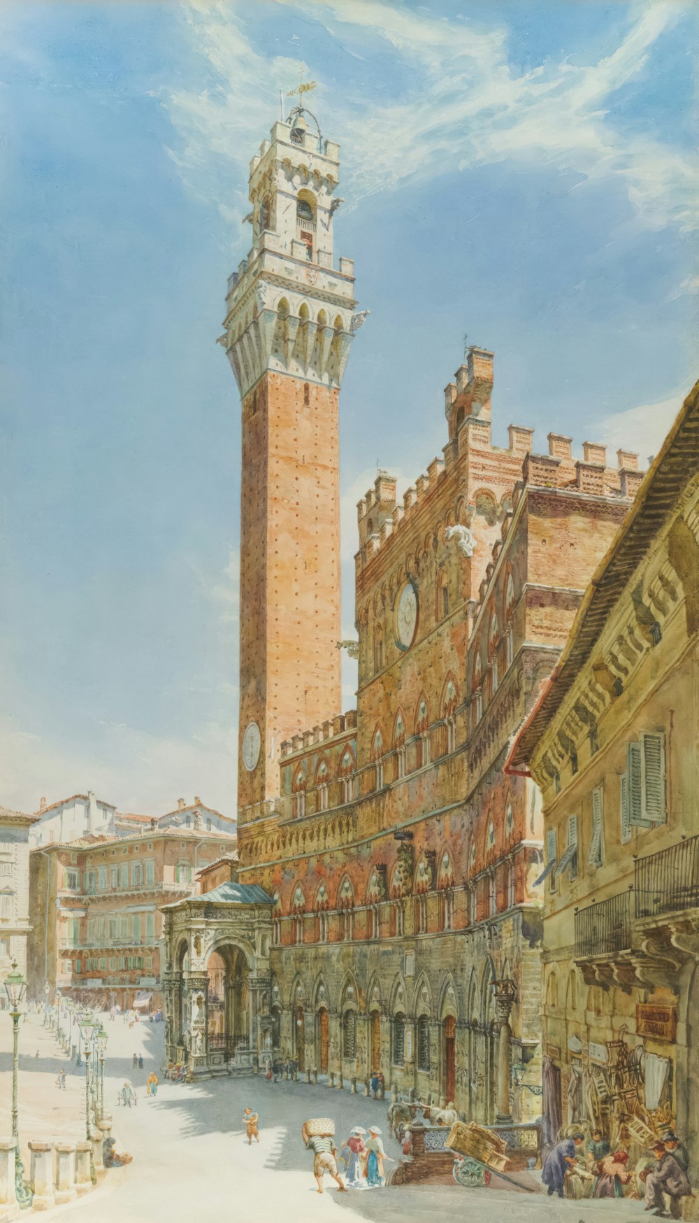 a painting of a clock tower in a city
