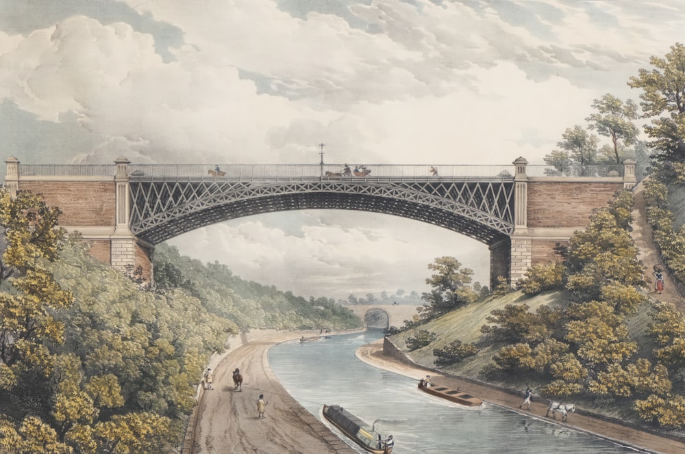 a painting of a bridge over a river